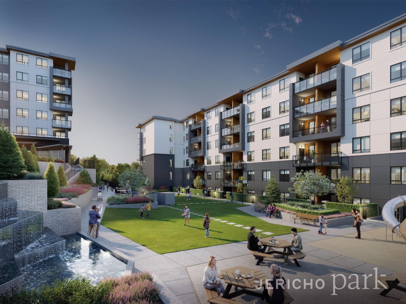 Jericho Park courtyard-with-water-feature-looking-at-building-1 at Jericho Park - Phase One (19970 80th Avenue, Willoughby Heights, Langley)